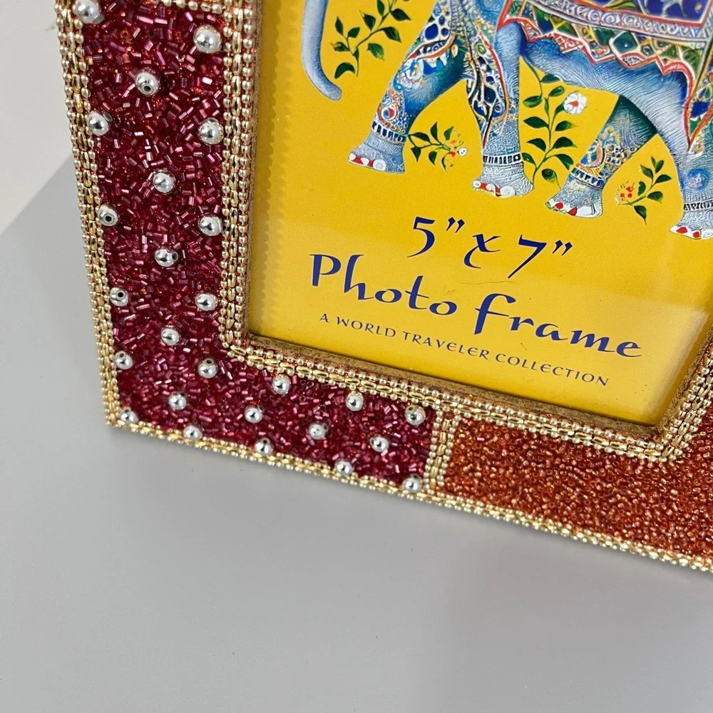 World Traveler Beaded Photo Frame Home Decor 5x7 Red Orange Mosaic India Studded