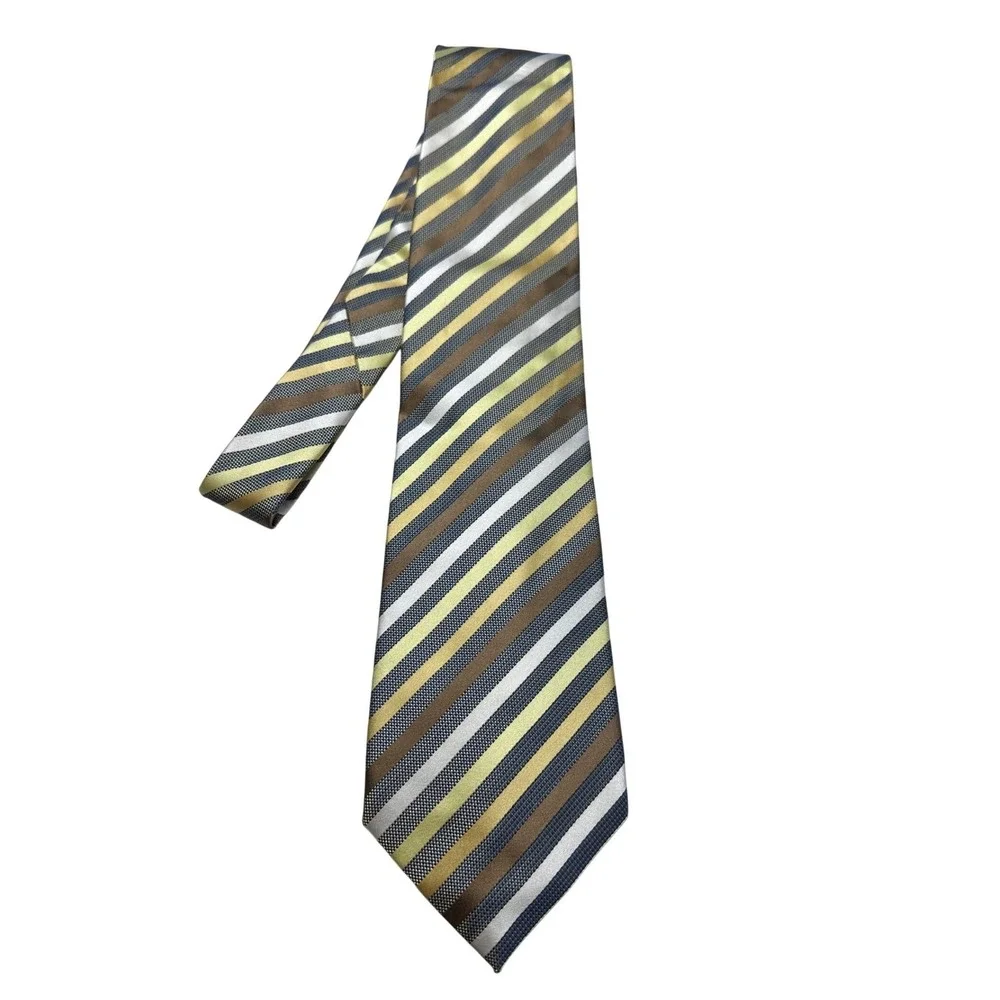 Bergamo New York Mens‎ Striped Necktie Gold Brown Silver Blue Woven Polyester
