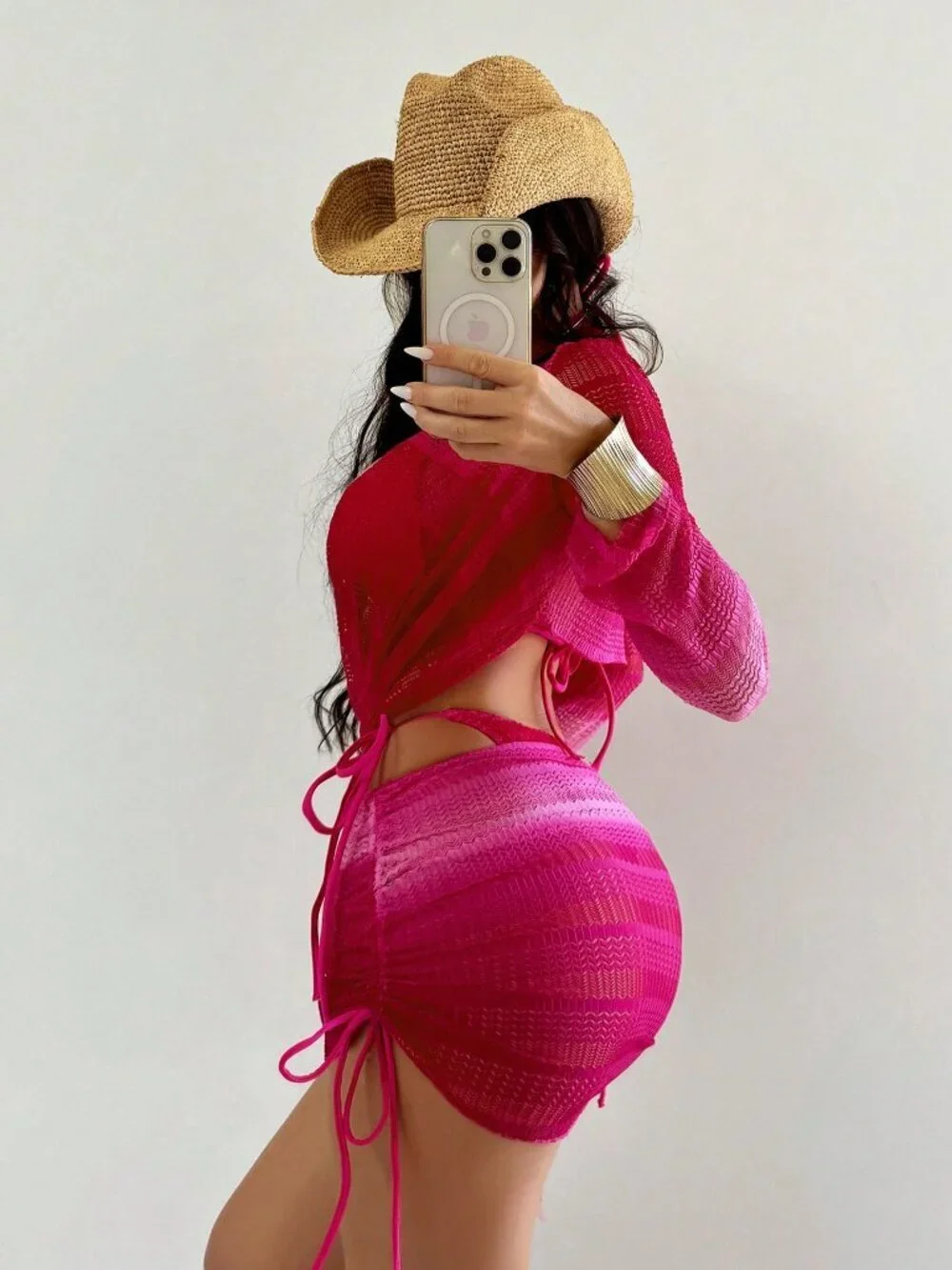 Hot Pink Sexy Women's Bikini Set with Spaghetti Strap Backless Top & Tie Skirt