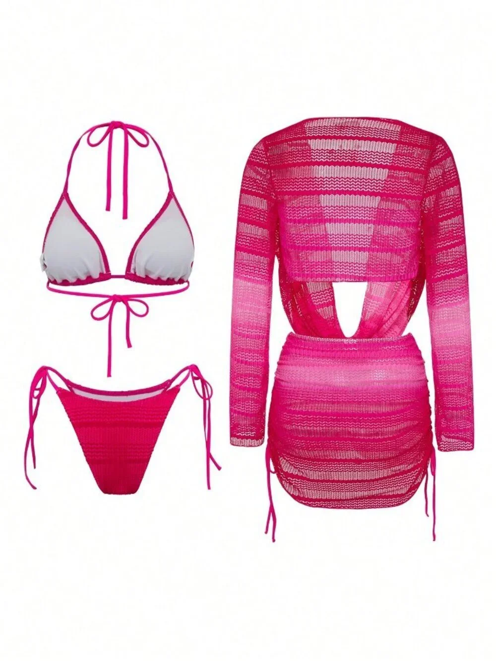 Hot Pink Sexy Women's Bikini Set with Spaghetti Strap Backless Top & Tie Skirt