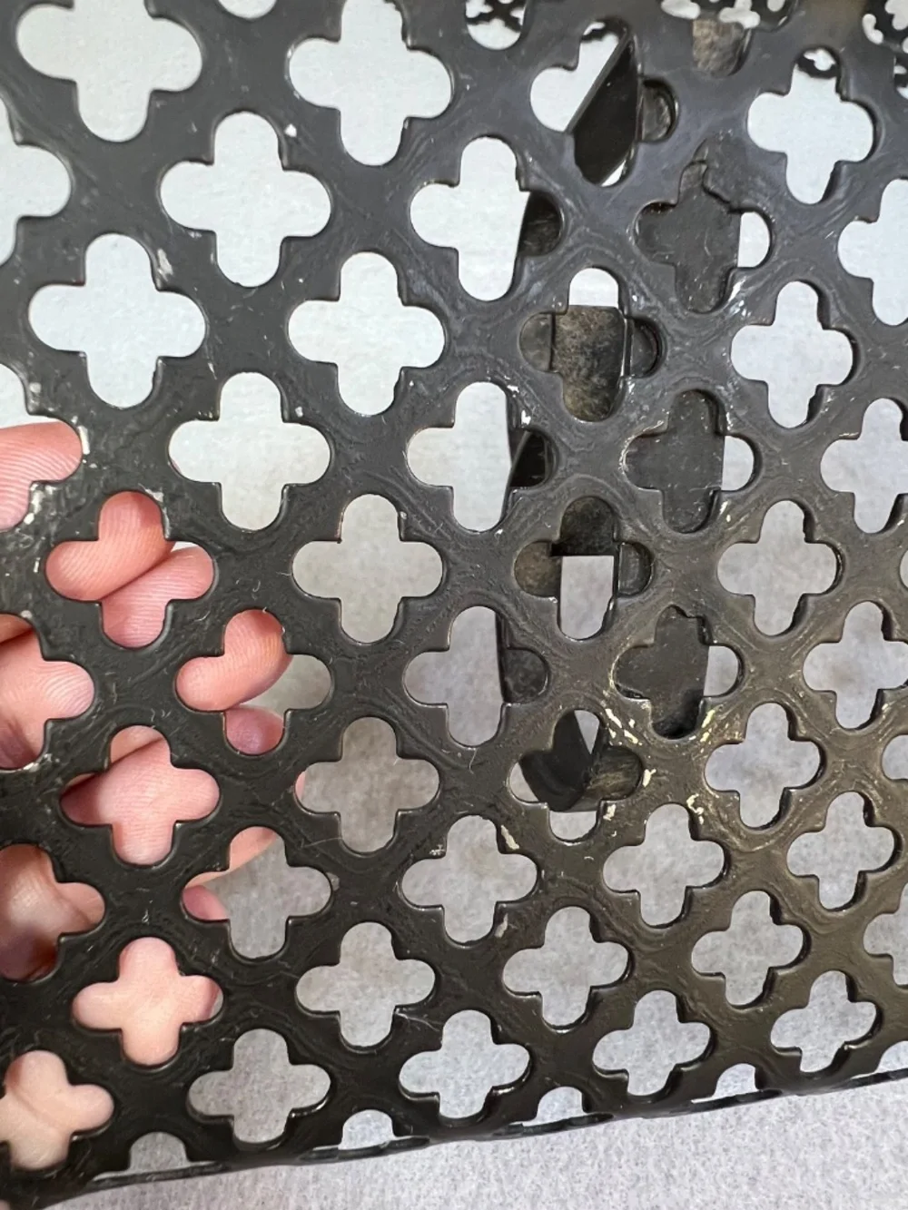 MCM Black Metal Wall Shelf Clover Leaf Lattice Pattern Scalloped Edges Set of 2