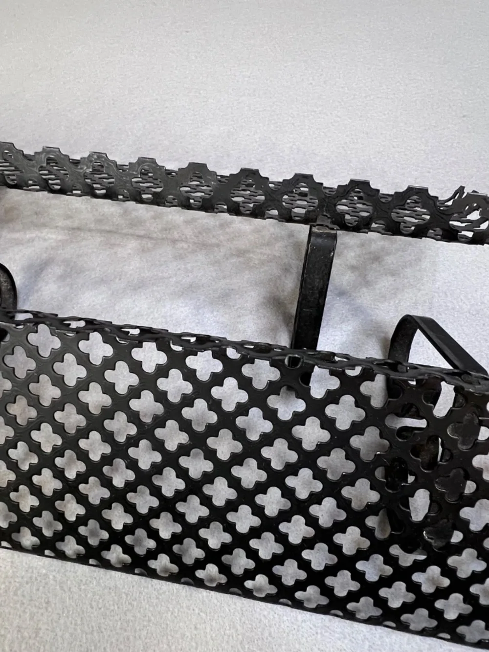 MCM Black Metal Wall Shelf Clover Leaf Lattice Pattern Scalloped Edges Set of 2