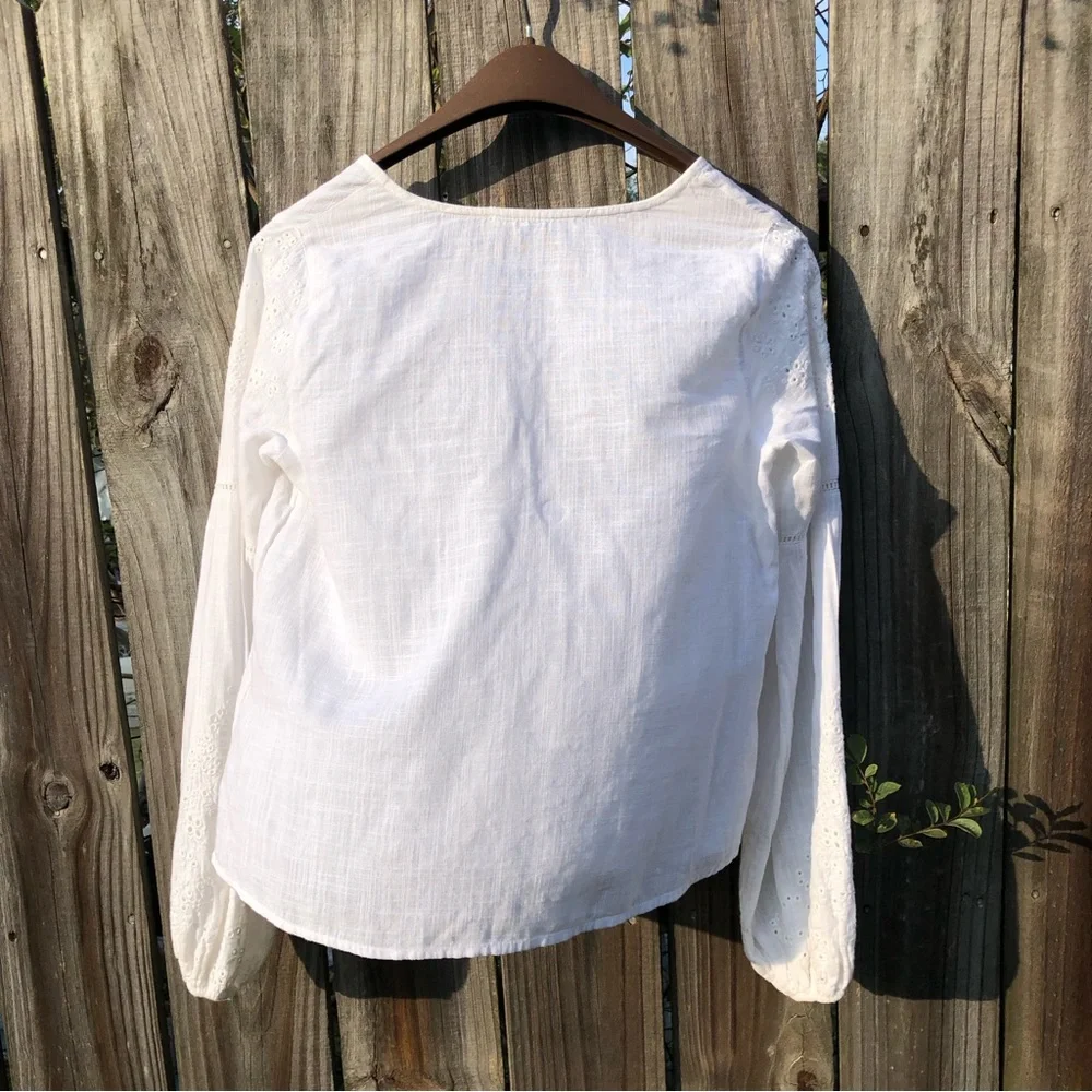 Abercrombie & Fitch Eyelet Long Balloon Puff Sleeve Tie Front Cotton Blouse XS