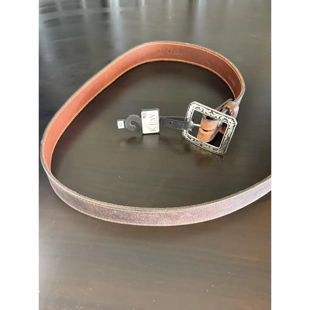 KLW Belt Mens 42 Brown Leather Western Silver Buckle Handmade USA #1886 Cowboy