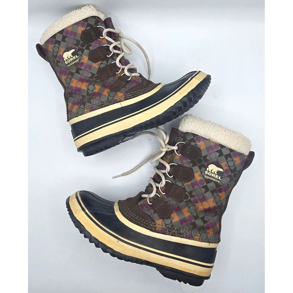 Sorel Pac Graphic Winter Snow Boots Womens Size 7 Waterproof Multi Plaid Leather