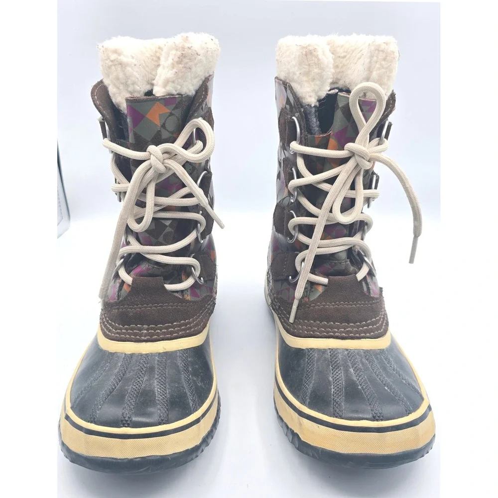 Sorel Pac Graphic Winter Snow Boots Womens Size 7 Waterproof Multi Plaid Leather