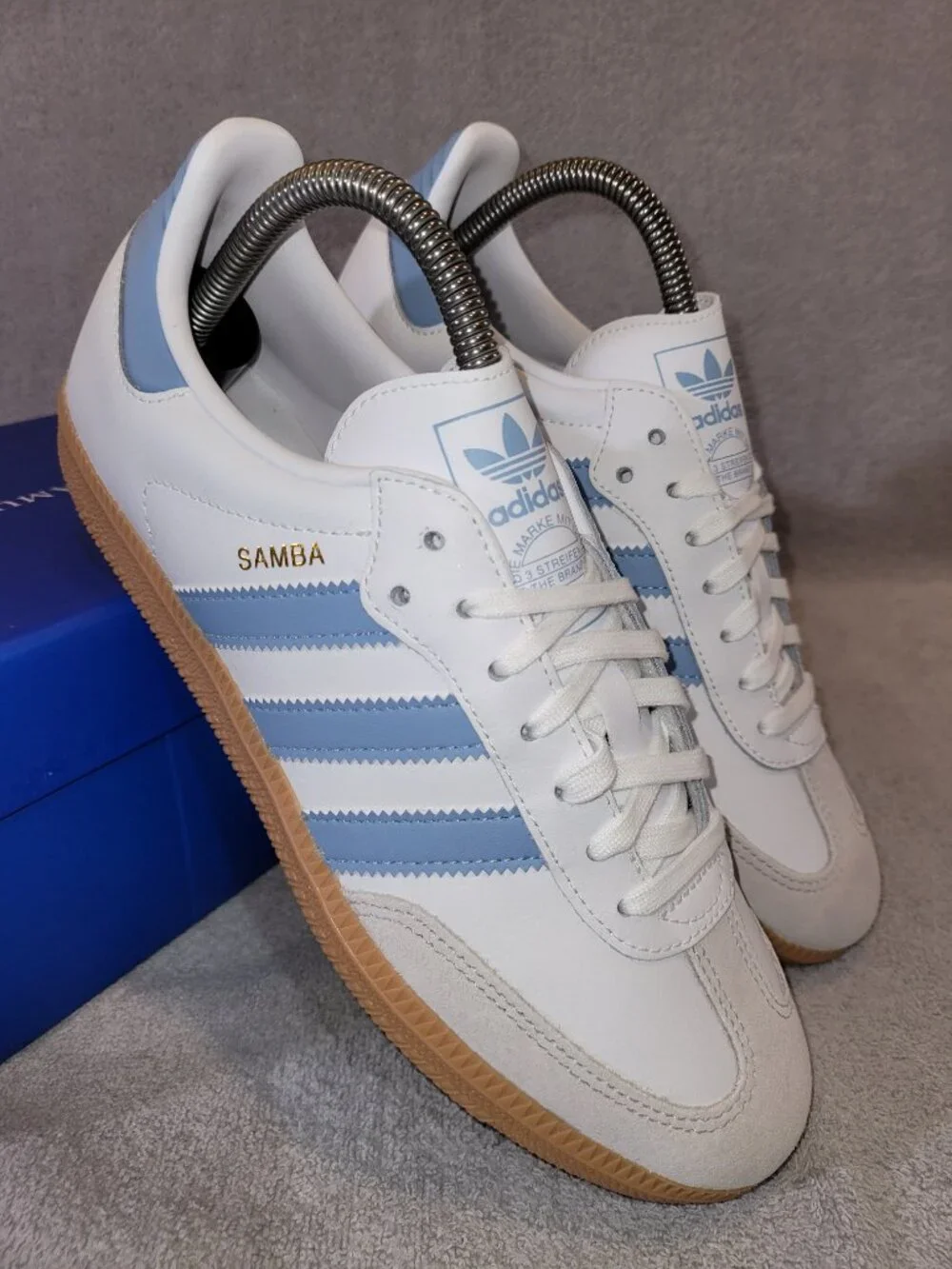 Adidas Samba OG Big Kid's Size 7 White Ash Blue Tan Gum Sneakers JQ2832 (#2329)