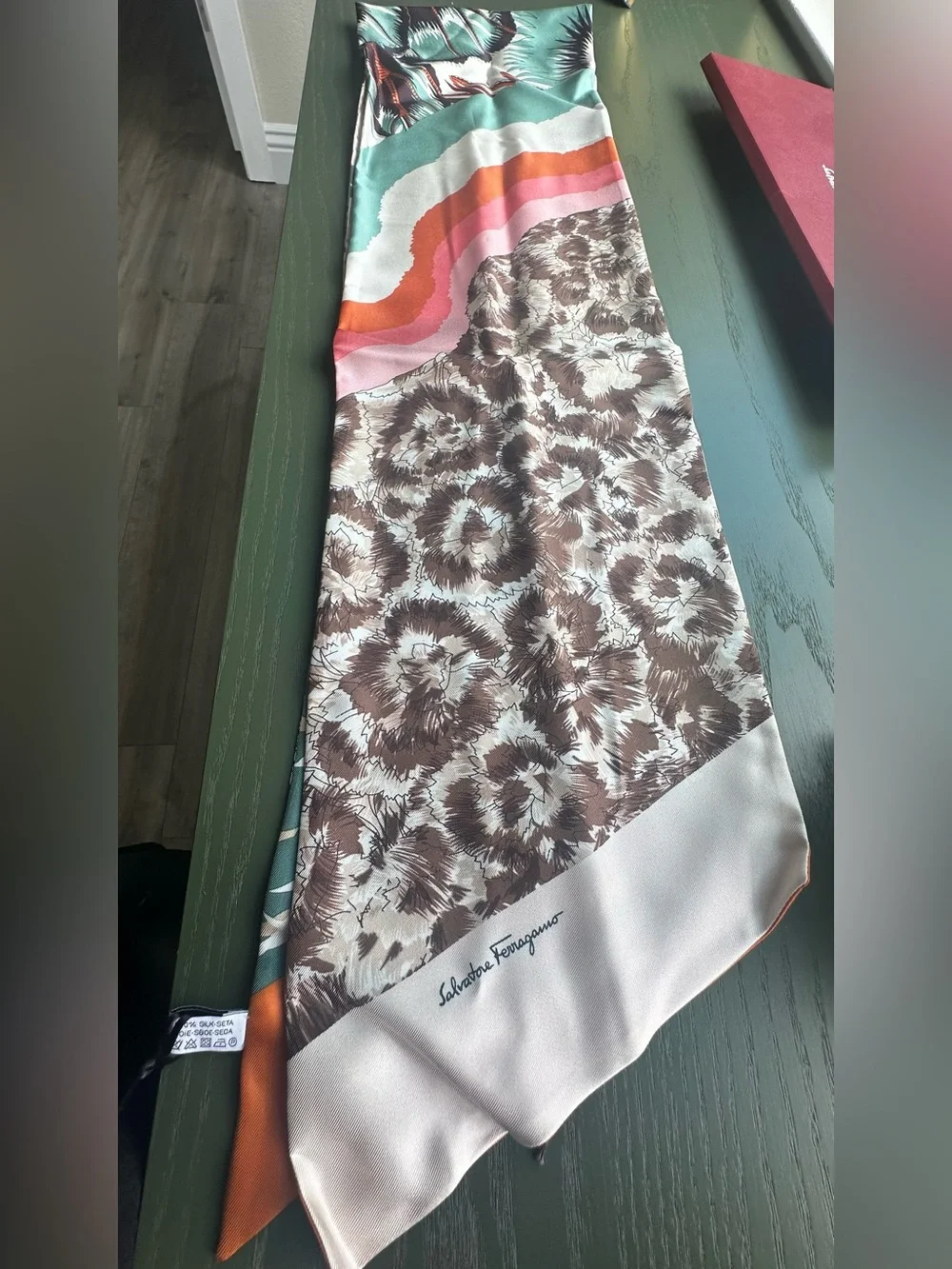 Salvatore Ferragamo reversible Brown Floral Silk Scarf with Cream Border -