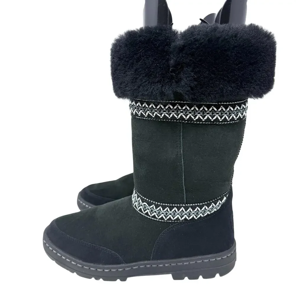 Ugg Black Sundance Revival Tasman Braid Boots Size 8 Pull On Sheepskin Shearling