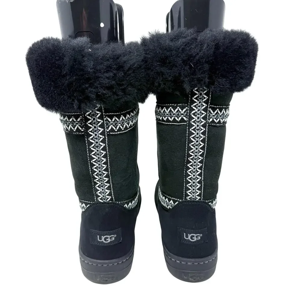 Ugg Black Sundance Revival Tasman Braid Boots Size 8 Pull On Sheepskin Shearling