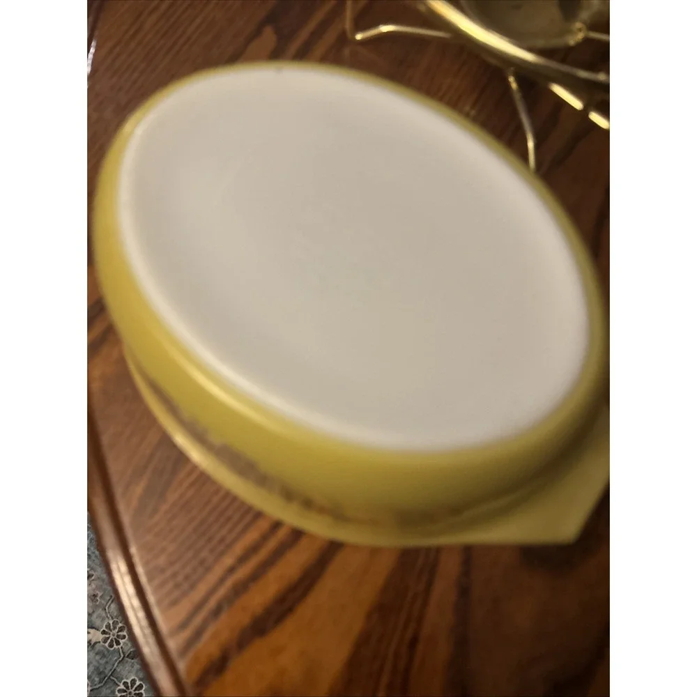 PYREX 043 1.5 Qt Golden Garland casserole w/ teak-handled warmer & lid EUC