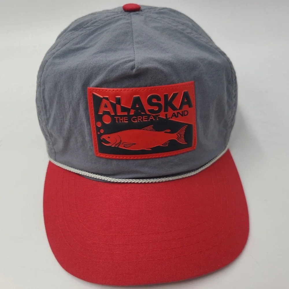 Vintage Alaska Hat Adjustable Rope Nylon The Great‎ Land Fish Gray Red Outdoors