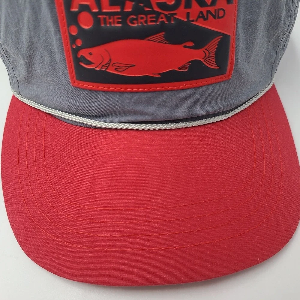 Vintage Alaska Hat Adjustable Rope Nylon The Great‎ Land Fish Gray Red Outdoors