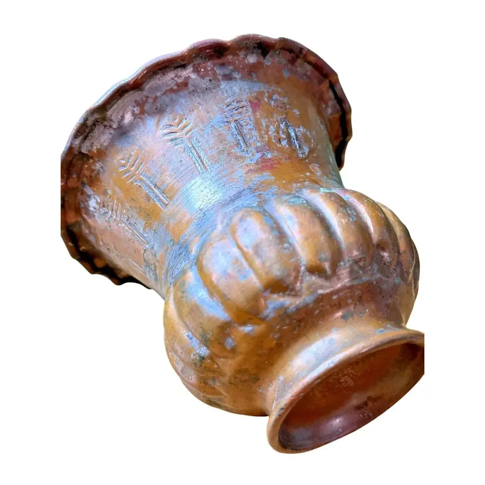 Vintage Copper Egypt Hand Tooled Vase Urn Planter Scalloped Rim Egyptian 3.5”