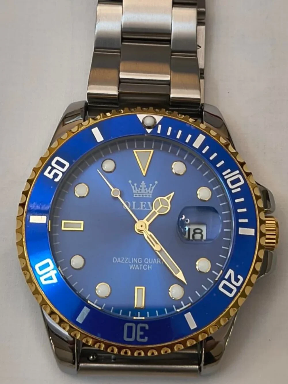 Men's Blue Premium Gold and Silver Stainless Analog Rotatable Round Steel Watch