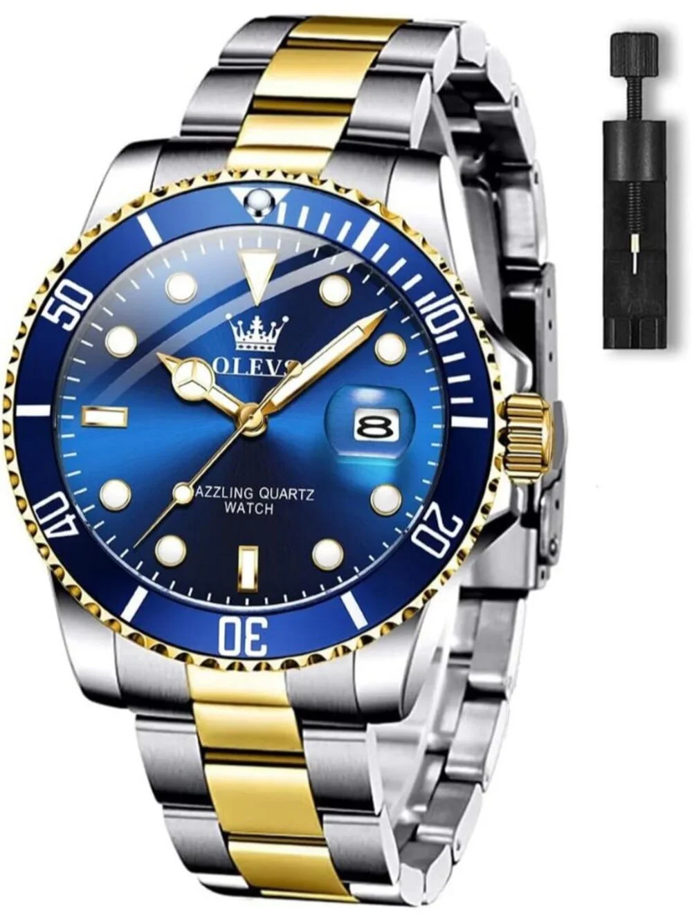 Men's Blue Premium Gold and Silver Stainless Analog Rotatable Round Steel Watch