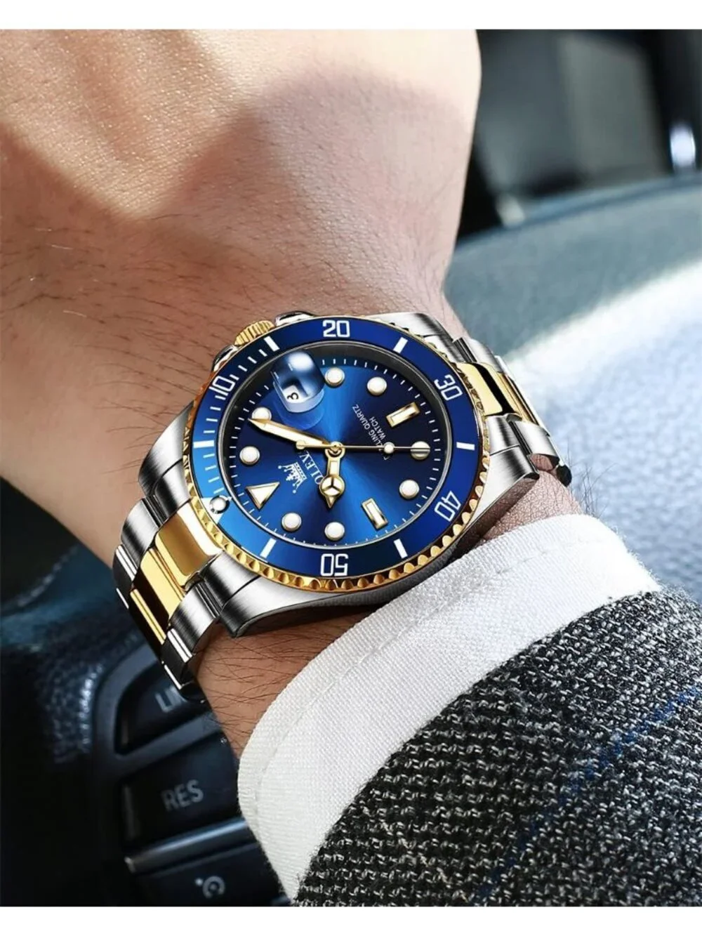 Men's Blue Premium Gold and Silver Stainless Analog Rotatable Round Steel Watch