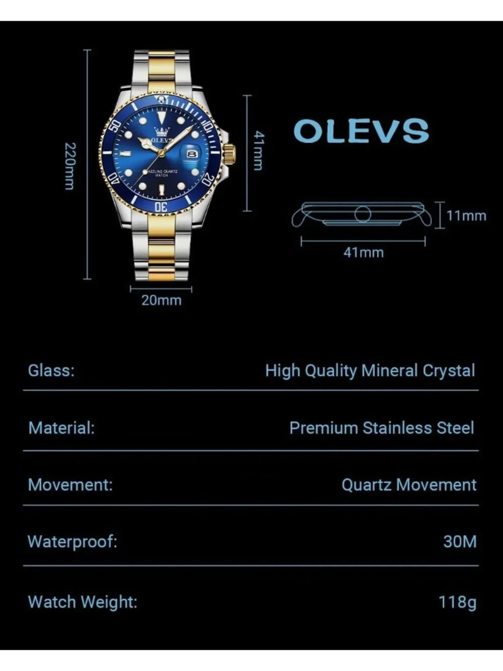 Men's Blue Premium Gold and Silver Stainless Analog Rotatable Round Steel Watch