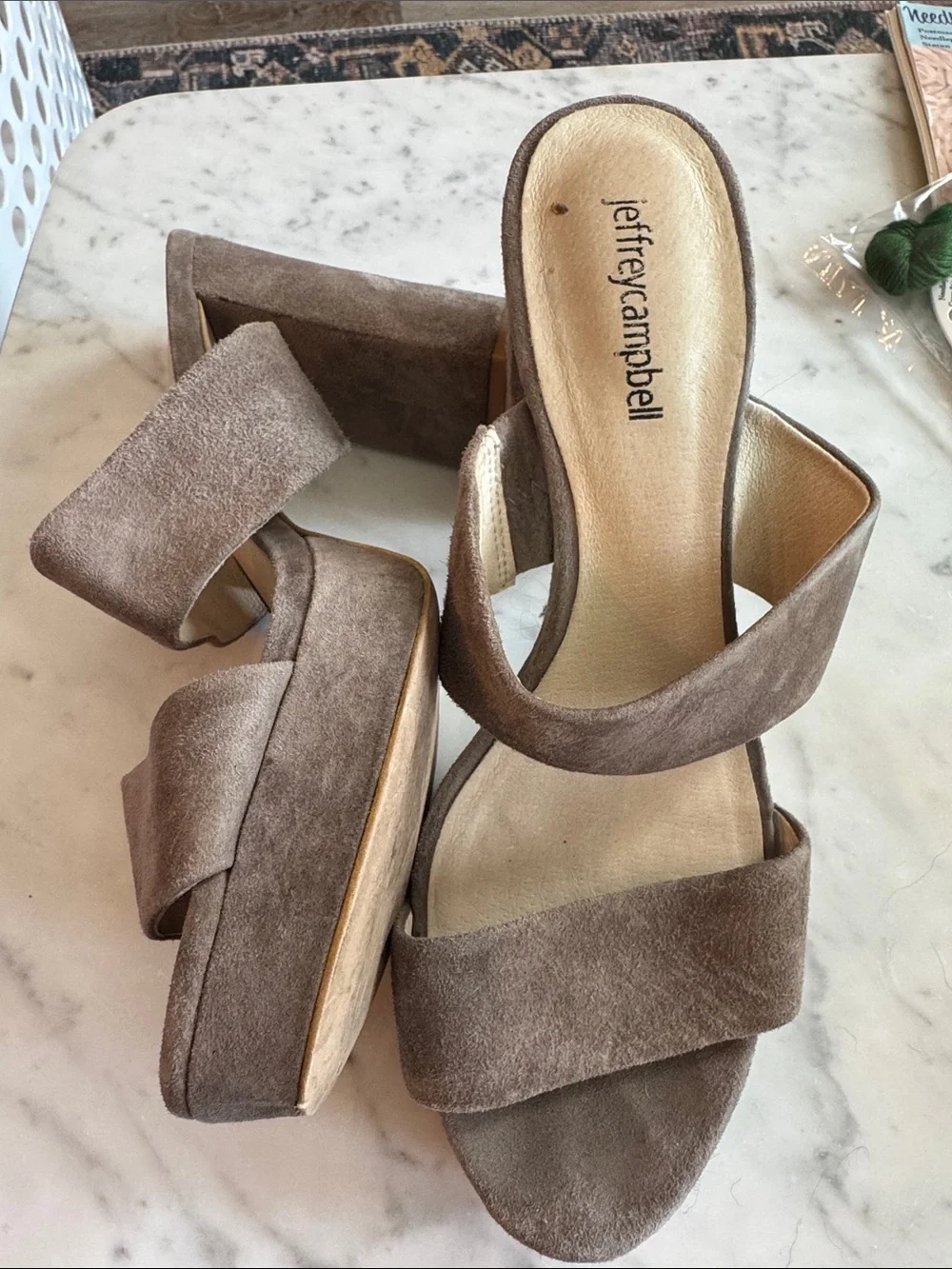 Jeffrey Campbell Brown Taupe Suede Double-Strap Platform Mules