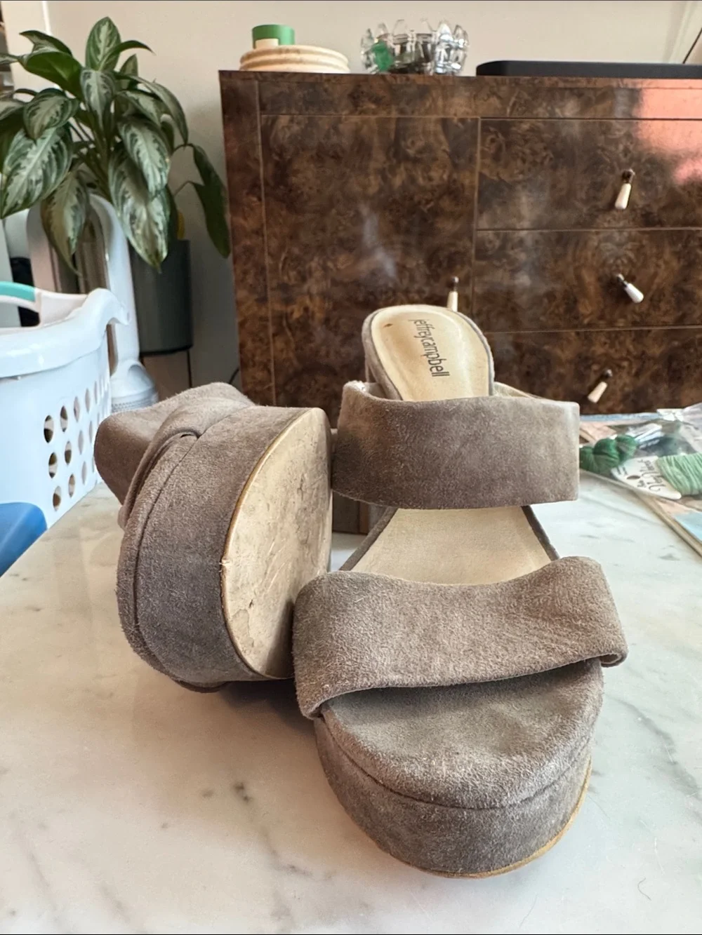 Jeffrey Campbell Brown Taupe Suede Double-Strap Platform Mules