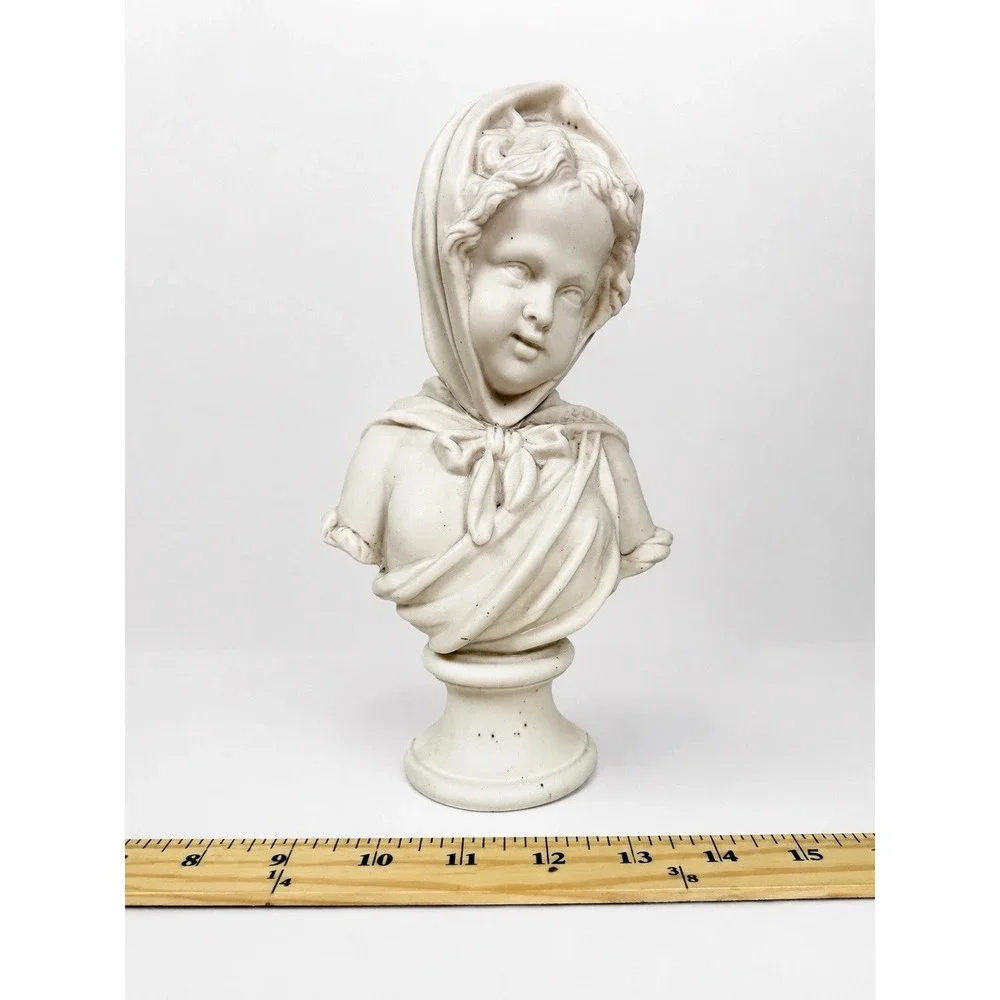 Vintage Victorian Parian Girls Bust In Bonnet Ivory White 9