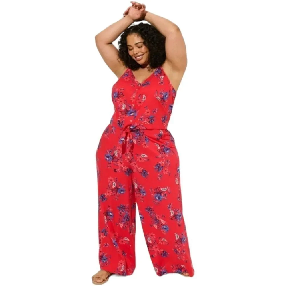 TORRID Red Floral challis button down crop top with  pull on pant set NWT