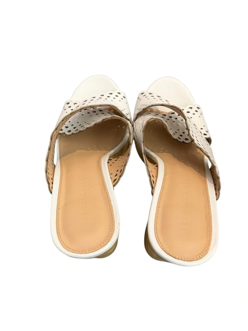 Veronica Beard Gaynor White Scalloped Leather Platform Mule with Wood Heel Clogs