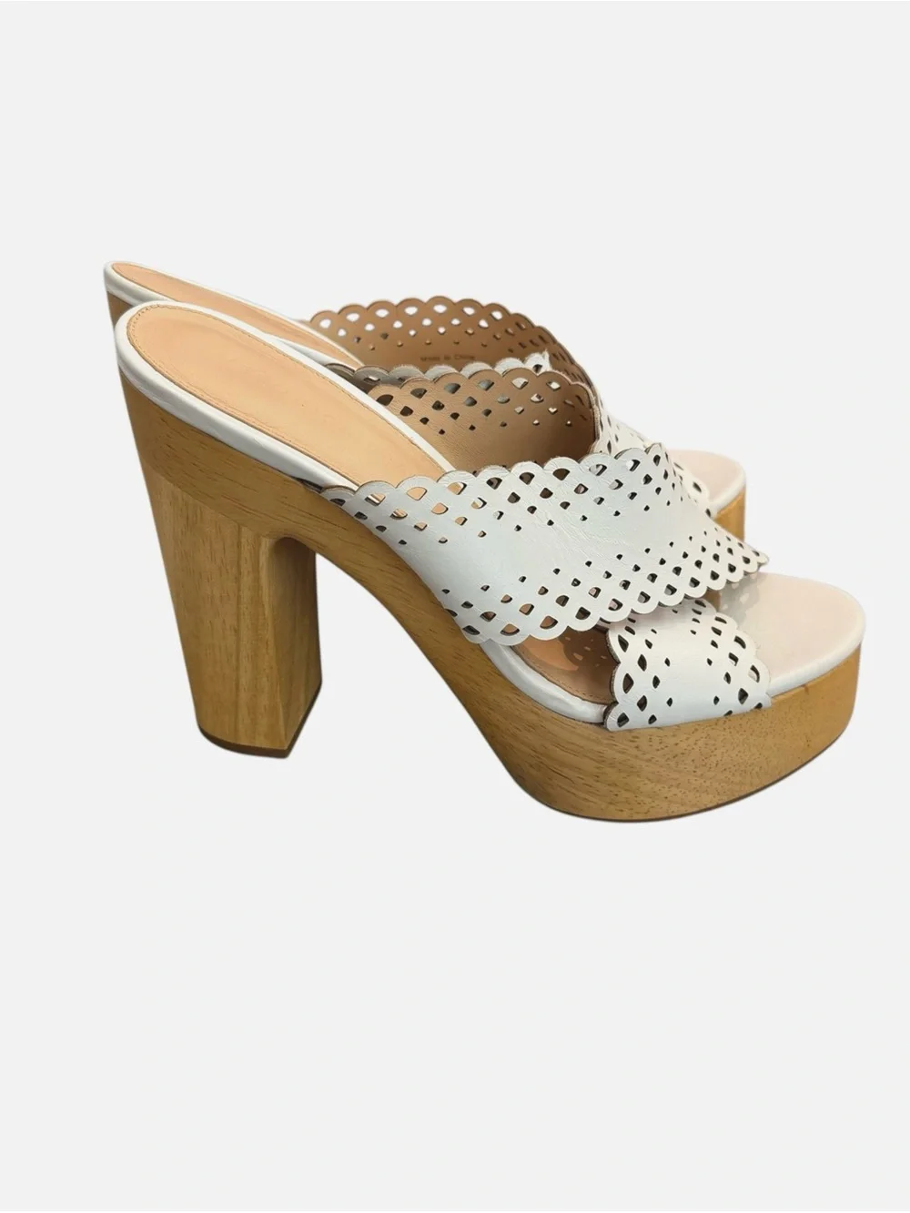 Veronica Beard Gaynor White Scalloped Leather Platform Mule with Wood Heel Clogs