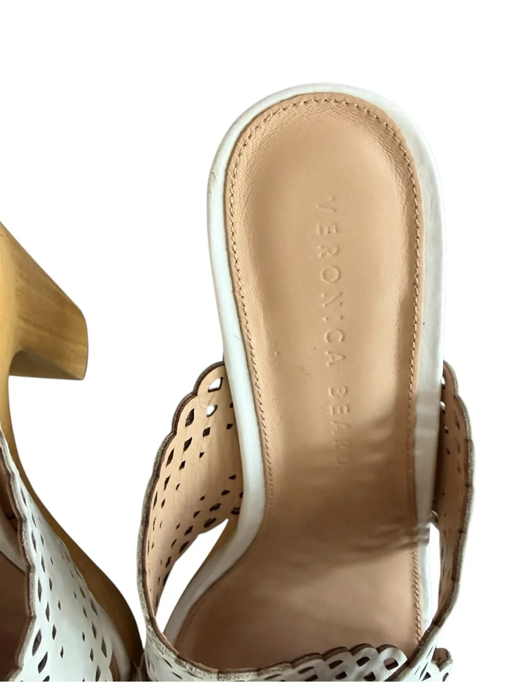 Veronica Beard Gaynor White Scalloped Leather Platform Mule with Wood Heel Clogs