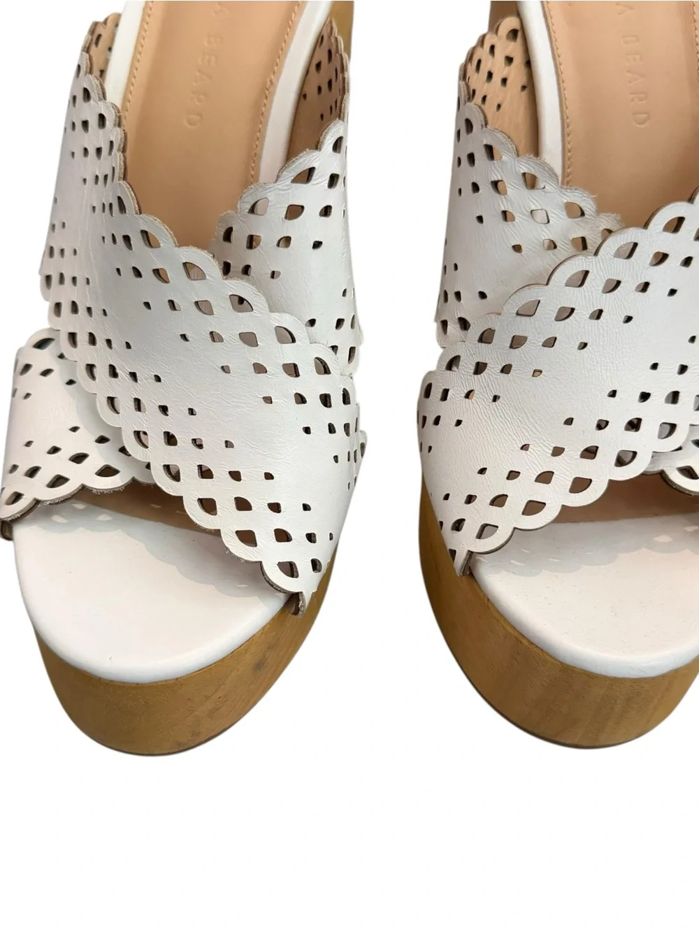 Veronica Beard Gaynor White Scalloped Leather Platform Mule with Wood Heel Clogs