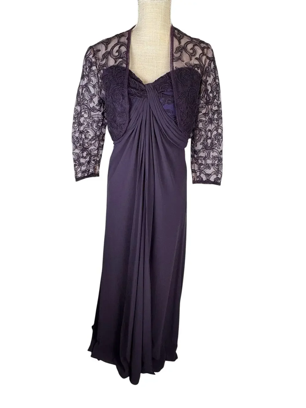 Tadashi Shoji 2 Piece Evening Gown Maxi Dress Women's 8 Purple Lace Jacket Party