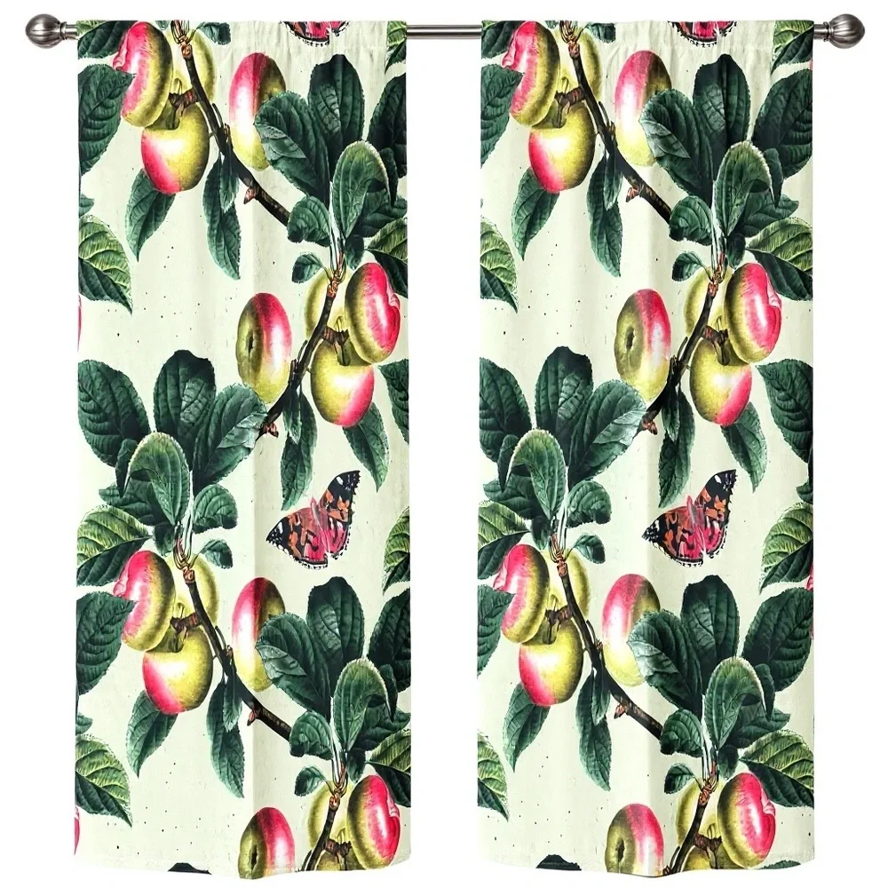 Botanical Fruit Print Curtains with Green Leaves and Pink Accents