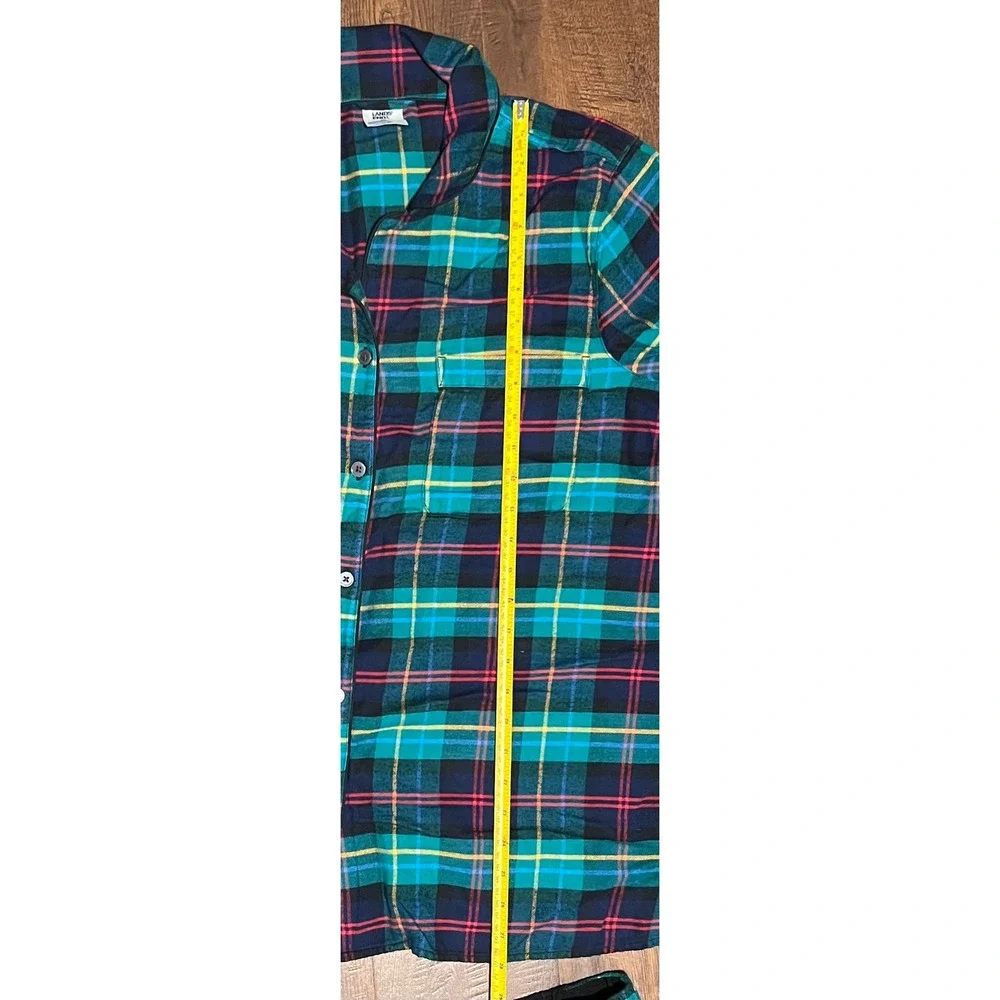 Lands End Womens Plaid Pajama Set Green Blue Cotton Rayon Short Sleeve L Tall