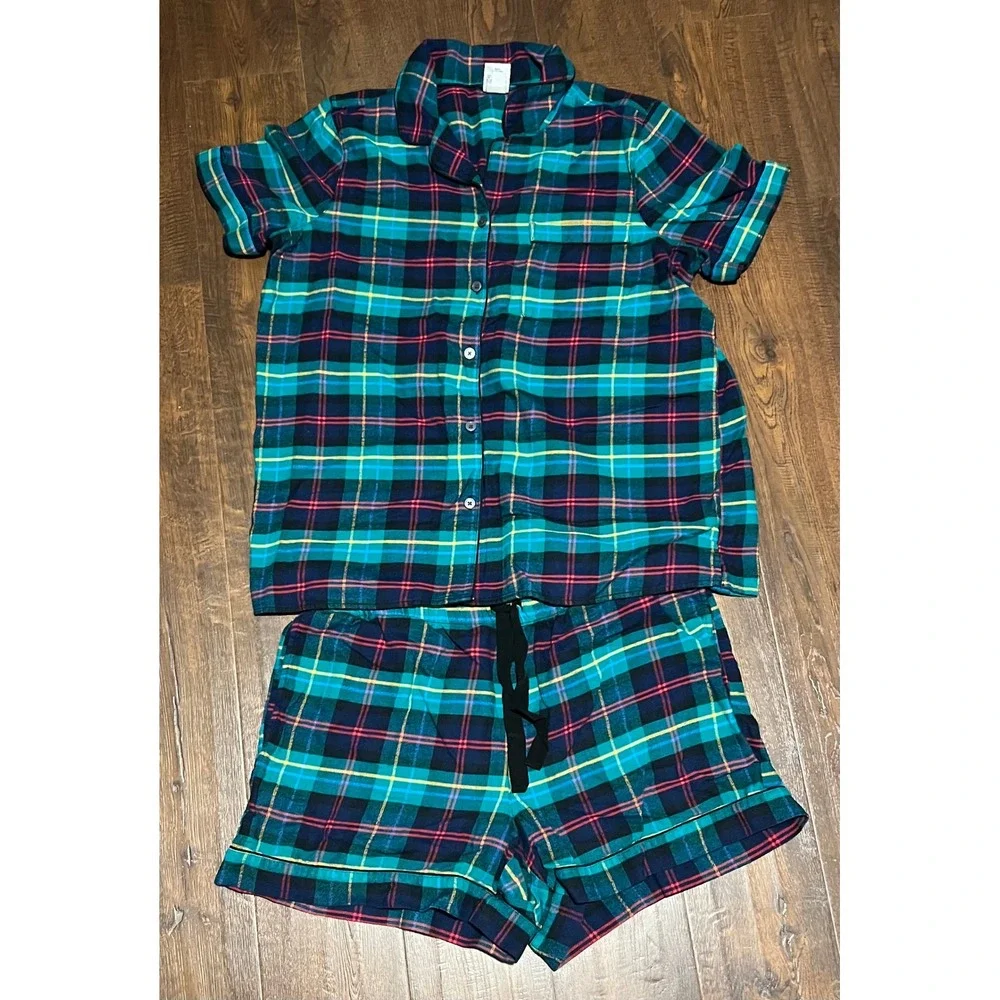 Lands End Womens Plaid Pajama Set Green Blue Cotton Rayon Short Sleeve L Tall