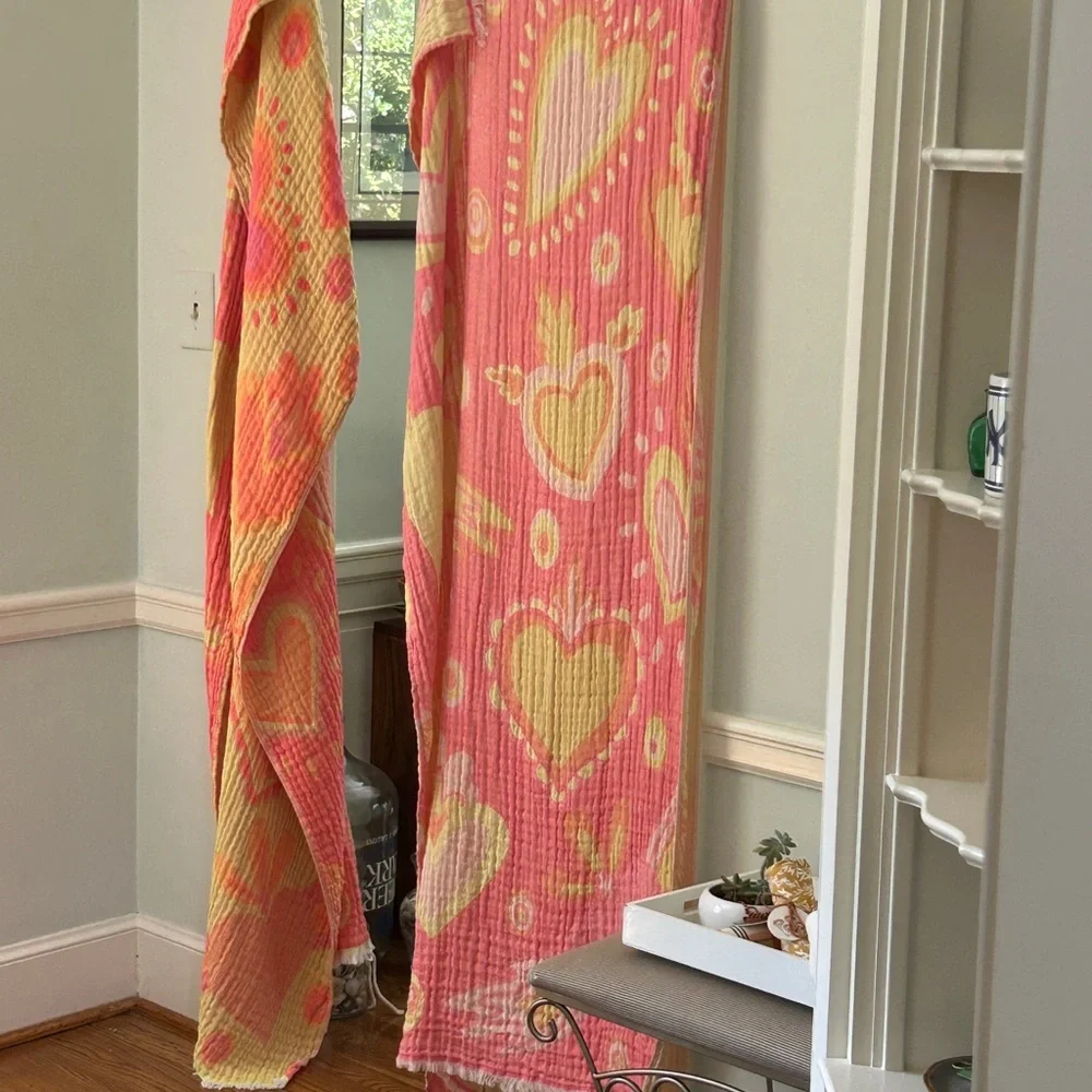 Pink and Yellow Heart Patterned Curtain Set of 2 Organic Cotton Loom Weave NEW