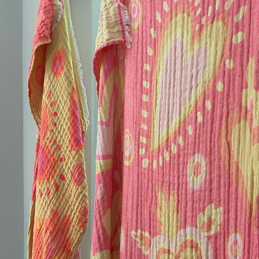 Pink and Yellow Heart Patterned Curtain Set of 2 Organic Cotton Loom Weave NEW