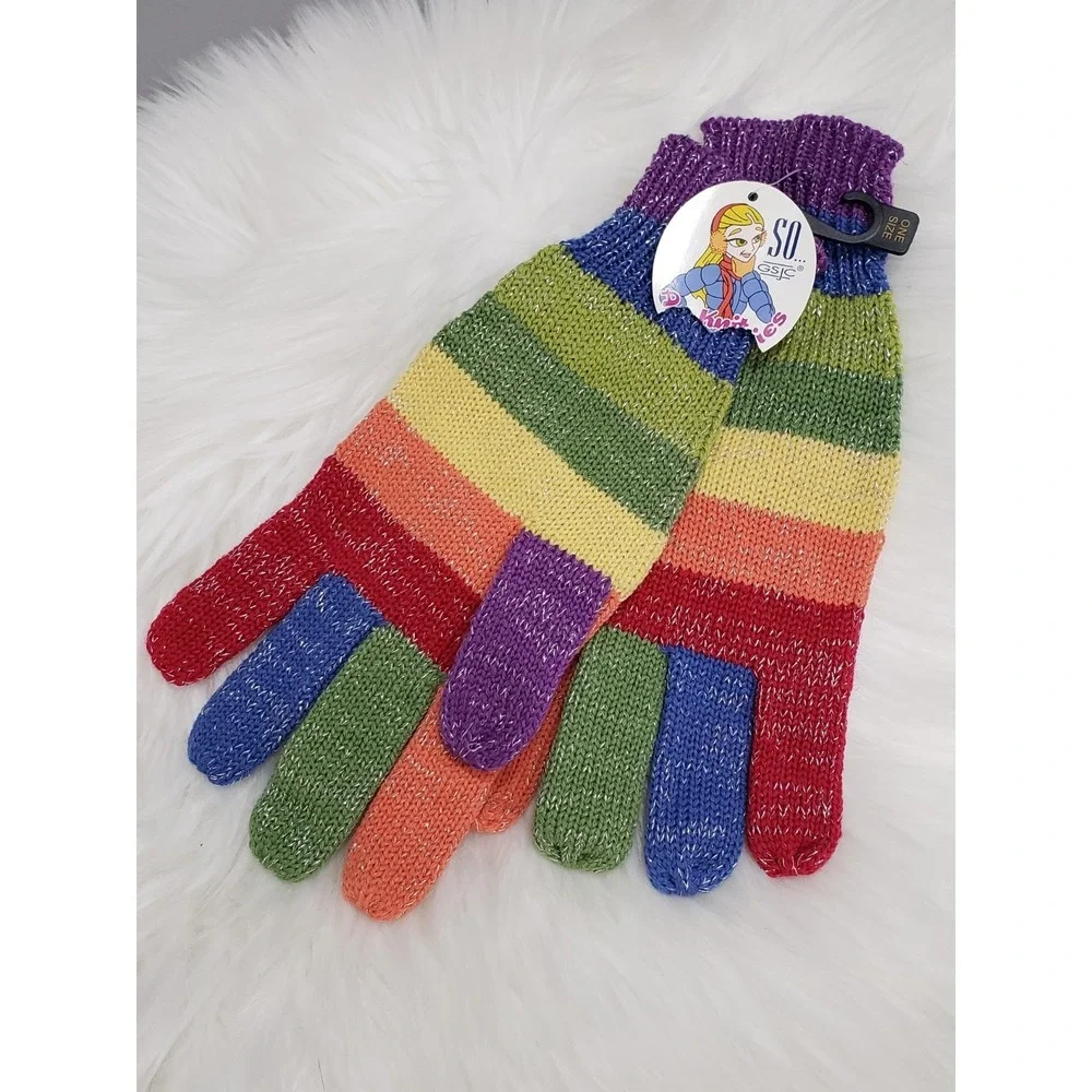 NEW Vintage y2k 90s deadstock striped rainbow gloves shimmer metallic girls teen