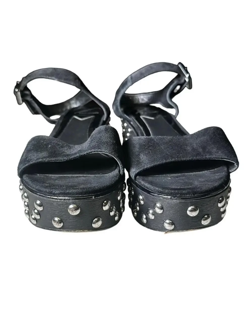 B Brian Atwood Black Suede Franki Studded Platform Wedge Sandals Size 8.5