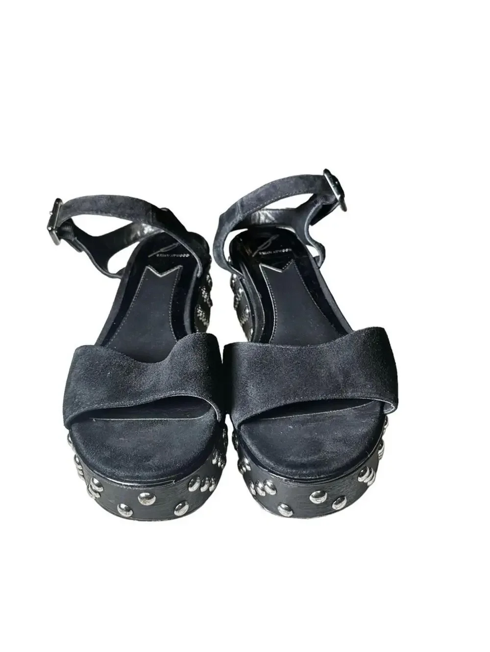 B Brian Atwood Black Suede Franki Studded Platform Wedge Sandals Size 8.5