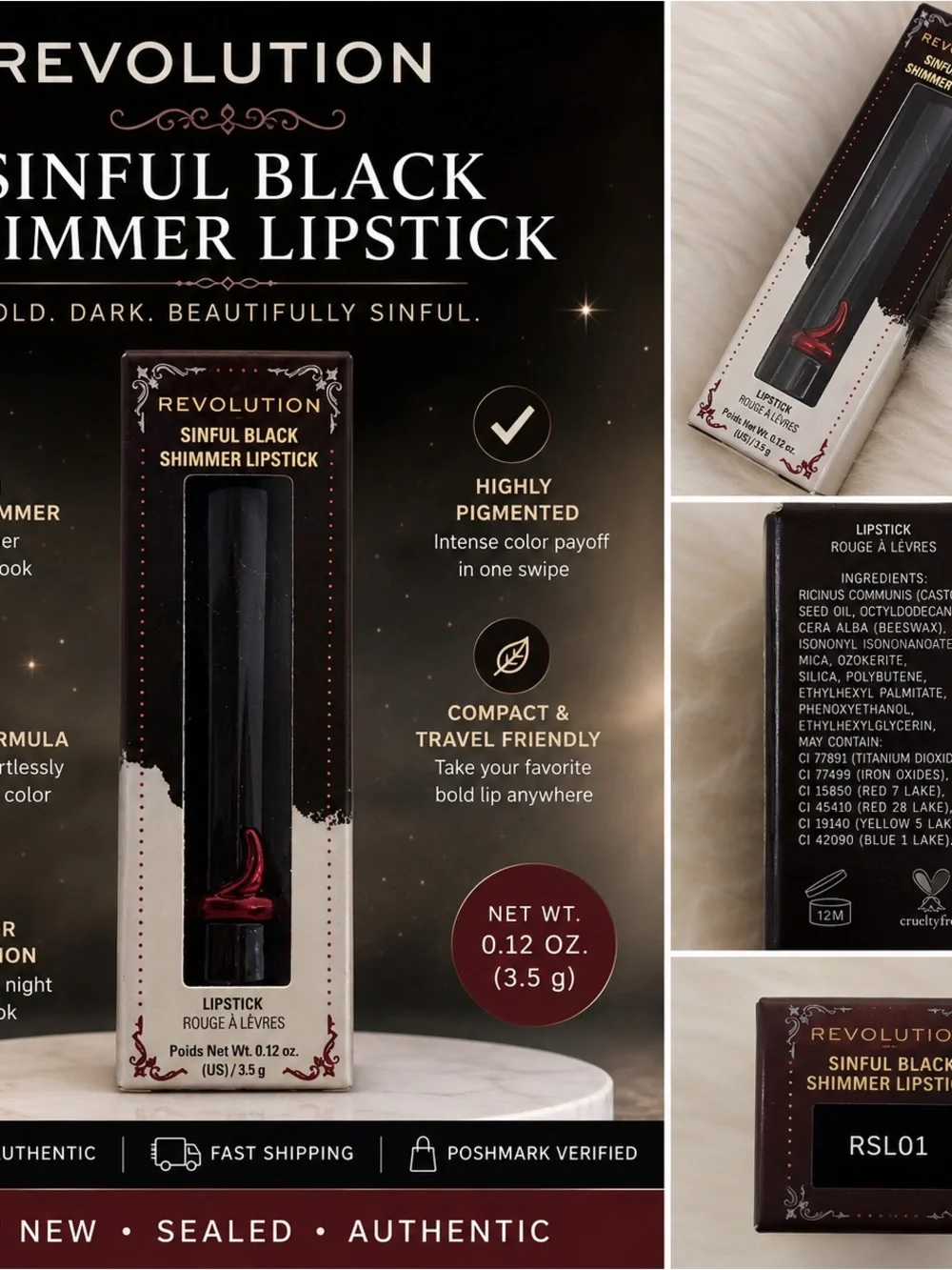 Revolution Sinful Black Shimmer Lipstick - Black with Red Accent