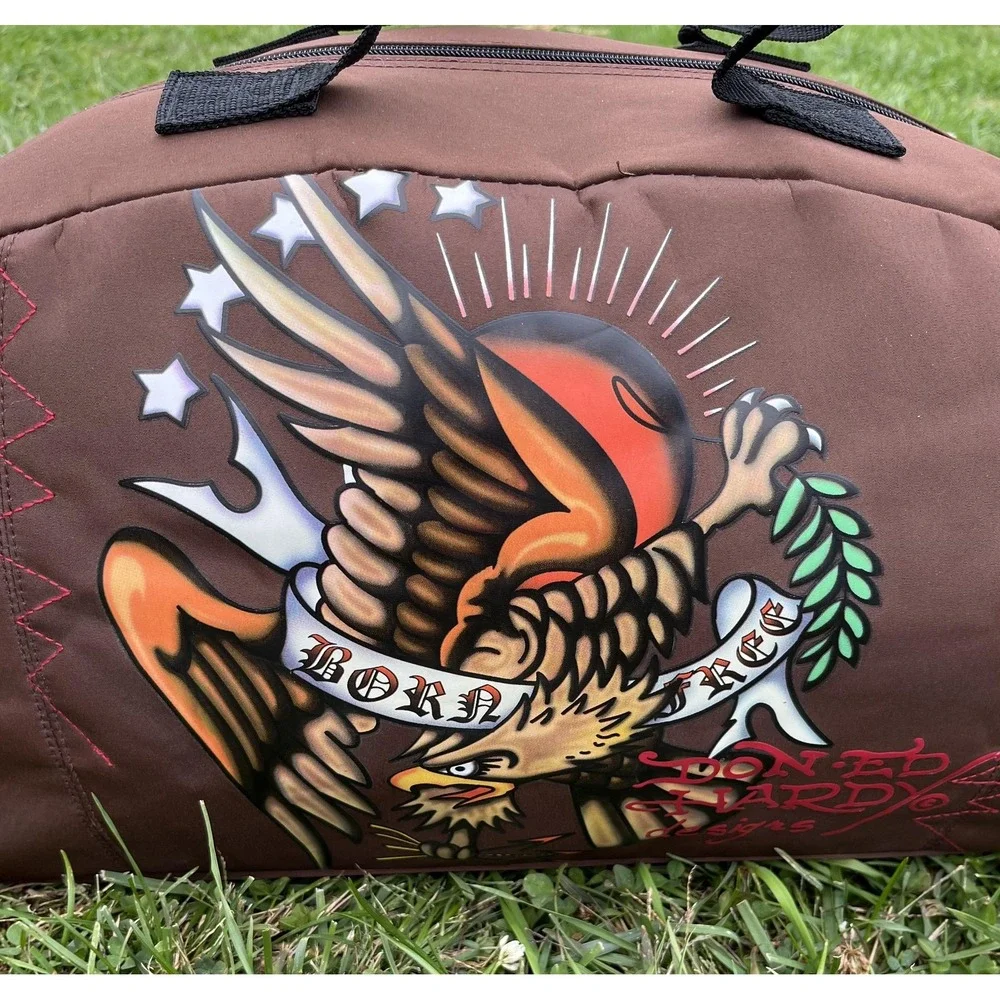 Ed Hardy Born Free Eagle Duffel Gym Bag Brown Tattoo‎ Art Weekender Travel Strap