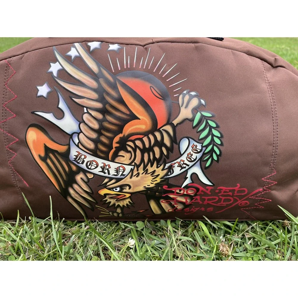 Ed Hardy Born Free Eagle Duffel Gym Bag Brown Tattoo‎ Art Weekender Travel Strap