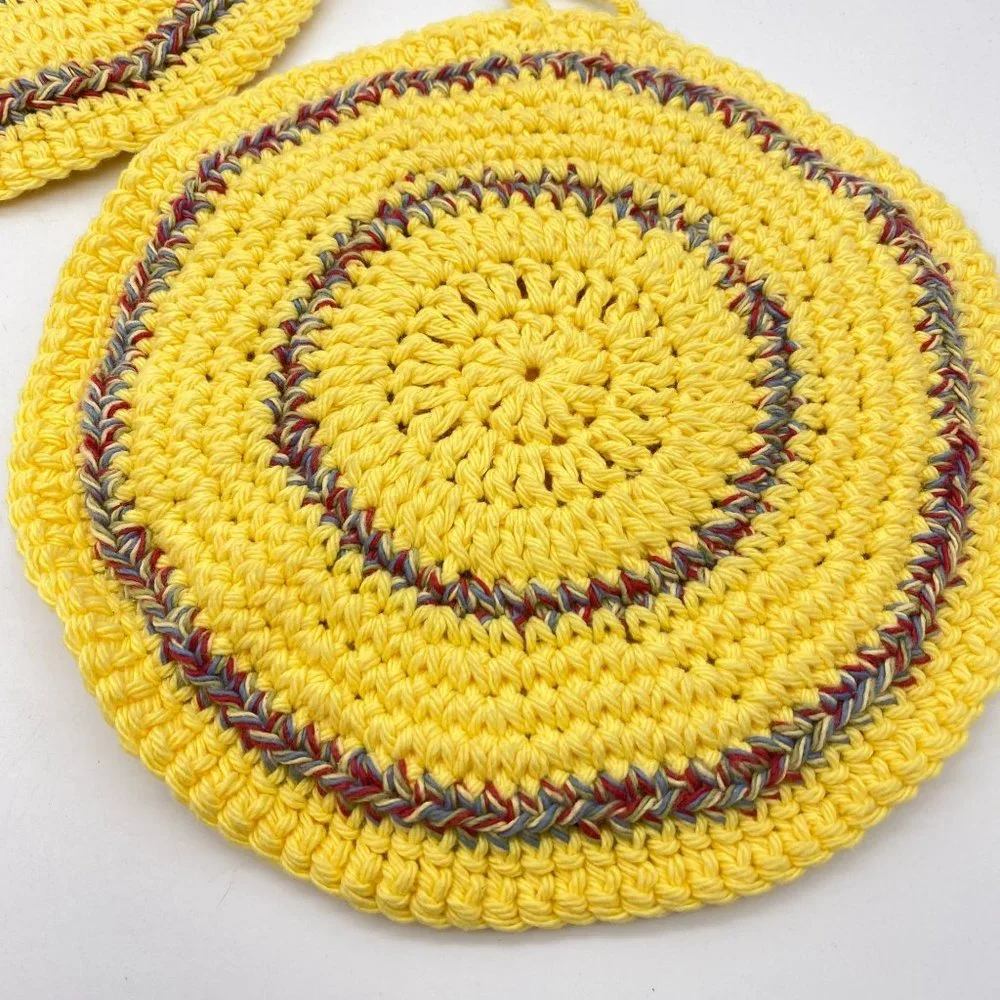 Crochet pot holders‎ trivets yellow hanging vintage kitchen handmade