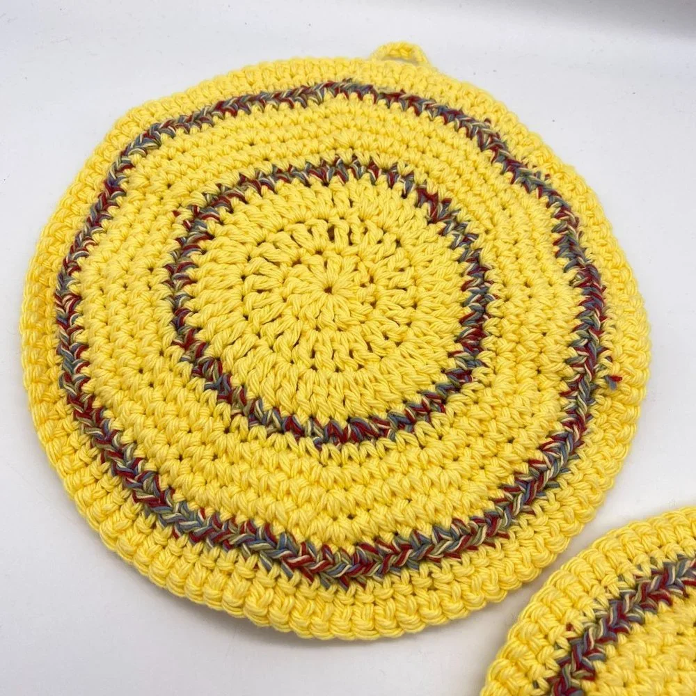 Crochet pot holders‎ trivets yellow hanging vintage kitchen handmade