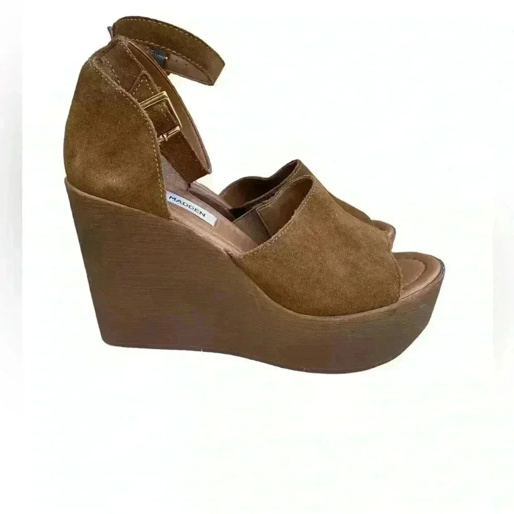 Steve Madden Ankle Strap Bellini Platform Wedge Brown Suede sandals sz 7.5