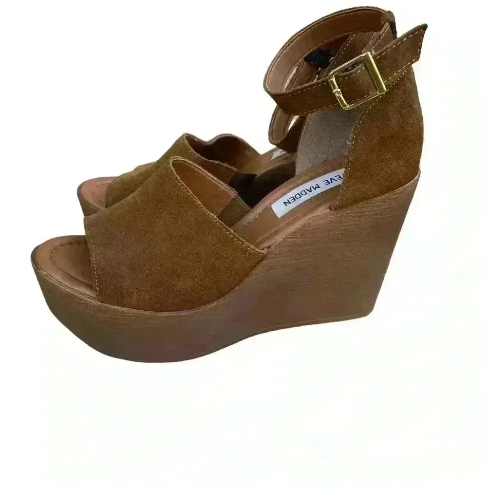 Steve Madden Ankle Strap Bellini Platform Wedge Brown Suede sandals sz 7.5