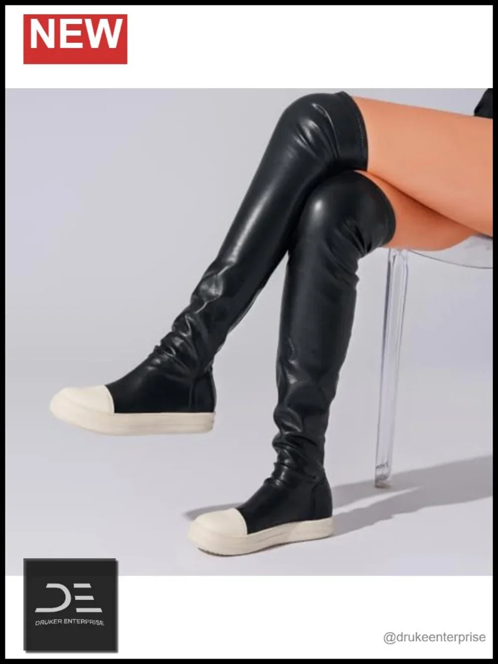 Thigh High Boots for Women Flat Over The Knee Round Toe PU Leather