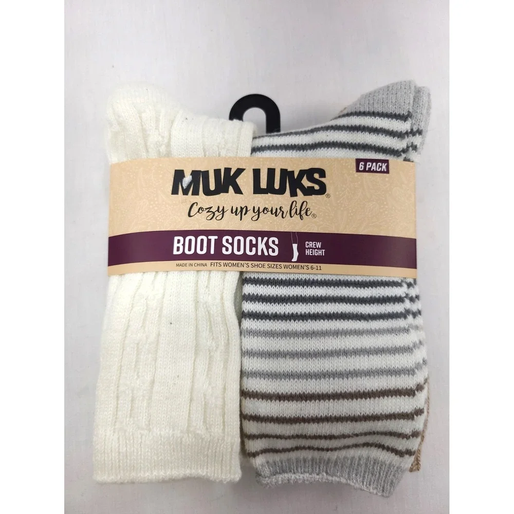 Muk Luks Crew Boot Socks Beige Gray 6-Pack Fits Women's Shoe Sizes 6-11 NWT