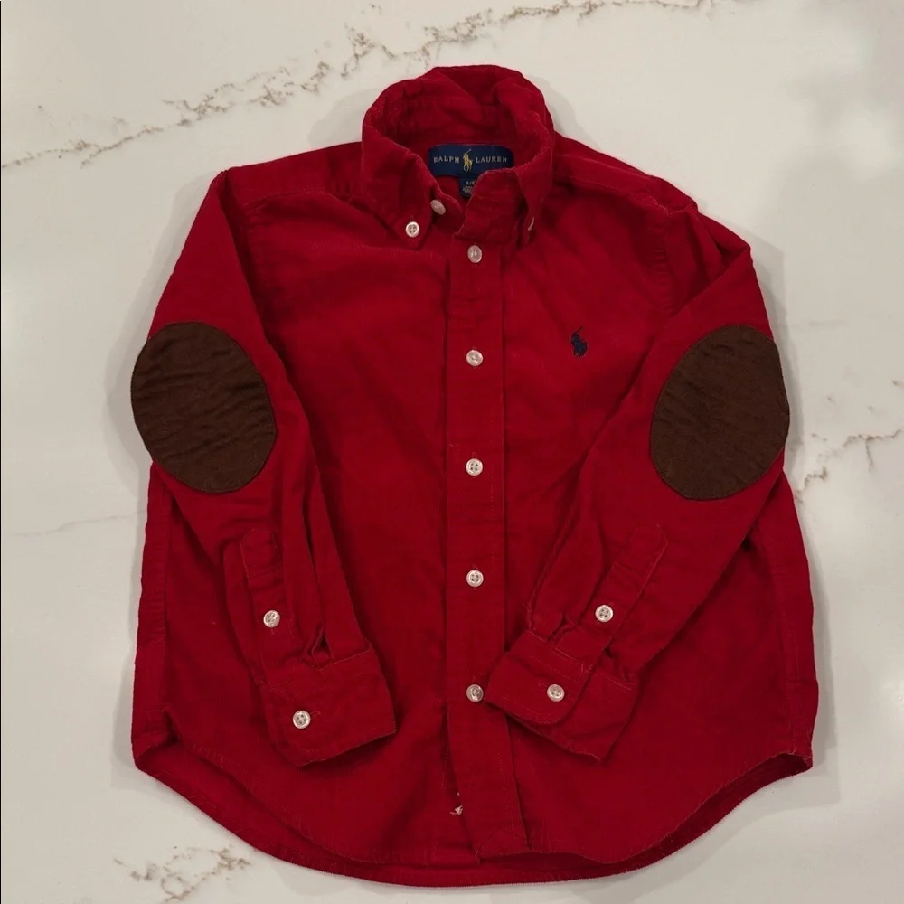 Ralph Lauren Crimson Corduroy Button Down Shirt with Chocolate Elbow Patches 4T