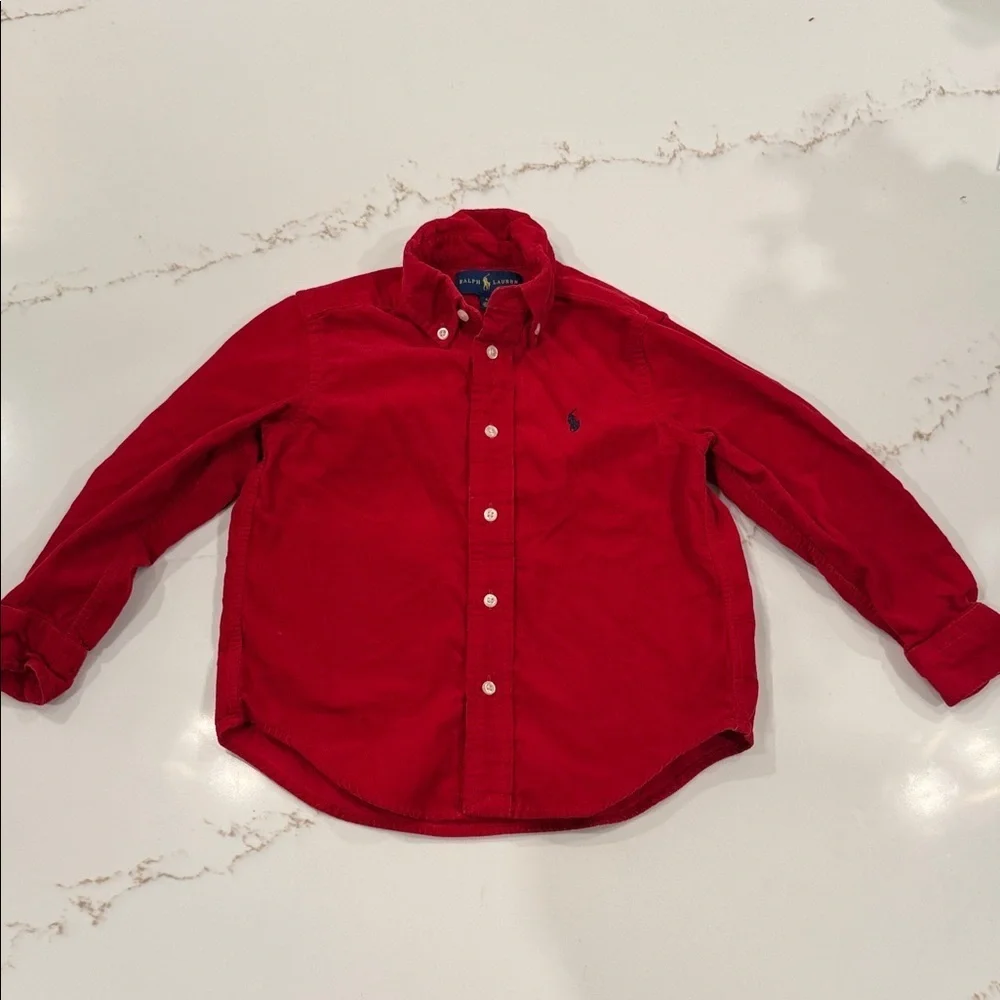 Ralph Lauren Crimson Corduroy Button Down Shirt with Chocolate Elbow Patches 4T